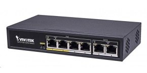 Vivotek 6-ti portový Switch, 4xRJ45 10/100 s PoE (802.3af/at, PoE budget 60W), 2xRJ45 10/100, 4kV přepěťová ochrana