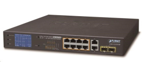 Planet GSD-1222VHP Switch, 8x PoE + 2x 1000Base-T + 2x SFP, LCD,VLAN, extend mód 10Mb do 250m, IEEE 802.3at 120W