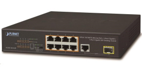 Planet FGSD-1011HP Switch, 8x 10/100 PoE, 1x TP + 1x SFP 1000Base-X, extend mód 10Mb, ESD, 802.3at 120W, fanless