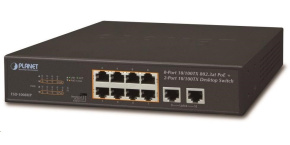 Planet FSD-1008HP Switch, PoE 8x PoE 802.3at 120W+ 2x 100Base-TX,VLAN,extend mód 10Mb/s do 250m, fanless