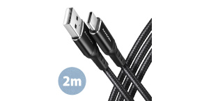 AXAGON BUCM-AM20AB, HQ kabel USB-C <-> USB-A, 2m, USB 2.0, 3A, ALU, oplet, černý