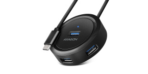 AXAGON HUE-P1C, 4x USB 3.2 Gen 1 ROUND hub, micro USB napájecí konektor, kabel USB-C 30cm