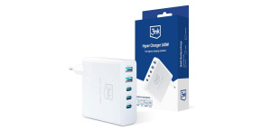 3mk síťová nabíječka - Hyper Charger 140W, GaN 3x USB-C (PD) / 2x USB, bílá