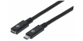 Manhattan USB-C kabel, USB 3.1 Gen 2, USB-C Male na USB-C Female, 10 Gbps, 5 A, 50cm, černá