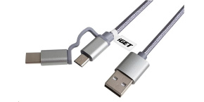 iGET G2V1 USB kabel 2v1, 1m, stříbrný, microUSB i USB-C, prodloužené koncovky