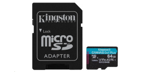 Kingston MicroSDXC karta 64GB Canvas Go! Plus, R:170/W:70MB/s, Class 10, UHS-I, U3, V30, A2 + Adaptér