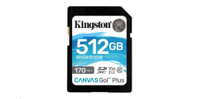 Kingston SDXC karta 512GB Canvas Go! Plus, R:170/W:90MB/s, Class 10, UHS-I, U3, V30