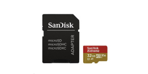 SanDisk MicroSDHC karta 32GB Extreme (100MB/s, Class 10 UHS-I V30, pro akční kamery) + adaptér