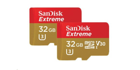 SanDisk MicroSDHC karta 32GB Extreme (100MB/s, A1 C10 V30 UHS-I U3, pro akční kamery) + adaptér, Twin Pack