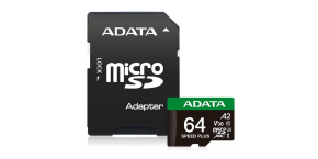 ADATA MicroSDXC karta 64GB Speed Plus, U3, C10, A2, V30 (R:160/W:140 MB/s) + SD adaptér