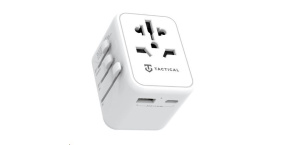 Tactical cestovní adaptér pro EU/UK/USA/JAP/AUS/CNY, 1x USB-C + 1x USB A, 12W, bílá