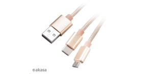 AKASA kabel 2v1 USB Type-A na Micro-B a USB Type-C, 120cm, zlatý