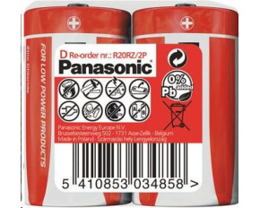 PANASONIC Zinkouhlíkové baterie Red Zinc R20RZ/2P D 1,5V (shrink 2ks)