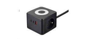 Viking síťový adaptér YC23L, 2x 230 V, 1x USB-A, 2x USB-C, dotykové světlo, délka 1,4 m, černá