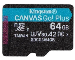 Kingston MicroSDXC karta 64GB Canvas Go! Plus, R:170/W:70MB/s, Class 10, UHS-I, U3, V30, A2