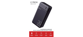 C-TECH Powerbanka 30000mAh, Li-Pol, 20W, USB-C/USB-A/micro USB