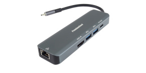 PREMIUMCORD Adaptér USB-C na Gigabit 10/100/1000Mbps + 1x HDMI,  2x USB3.2, 1x PD 100W konektor, Šedá