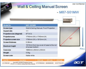 ACER Projekční plátno M87-S01MW, 70x70" Wall & Ceiling Matt White, Manual Projection Screen