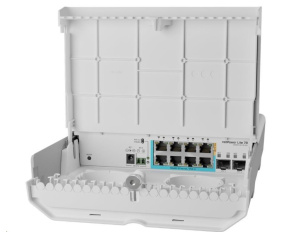 MikroTik CSS610-1Gi-7R-2S+OUT reverzní PoE switch, 8x Gigabit, 2x SFP+, 1x PoE out, 7x PoE in, 56Gbps