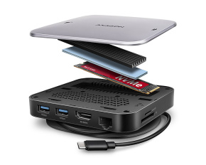 AXAGON HMC-UFO, USB 10Gbps hub, 2x USB-A, USB-C, HDMI 4k/60, RJ-45, M.2 slot, SD/mSD, audio, PD 100W, kabel USB-C 65cm