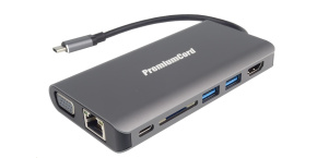 PREMIUMCORD Převodník USB3.1 typ C na HDMI+VGA+RJ45+2xUSB3.0+SD card +3,5mm+PD charge