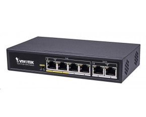 Vivotek 6-ti portový Switch, 4xRJ45 10/100 s PoE (802.3af/at, PoE budget 60W), 2xRJ45 10/100, 4kV přepěťová ochrana