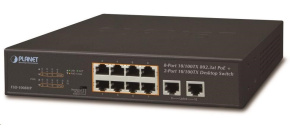 Planet FSD-1008HP Switch, PoE 8x PoE 802.3at 120W+ 2x 100Base-TX,VLAN,extend mód 10Mb/s do 250m, fanless