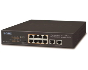 Planet FSD-1008HP Switch, PoE 8x PoE 802.3at 120W+ 2x 100Base-TX,VLAN,extend mód 10Mb/s do 250m, fanless