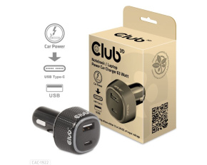 Club3D Auto nabíječka pro Notebooky 63W, 2 porty (USB-A + USB-C)