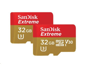 SanDisk MicroSDHC karta 32GB Extreme (100MB/s, A1 C10 V30 UHS-I U3, pro akční kamery) + adaptér, Twin Pack