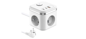 Viking síťový adaptér YC33, 3x 230 V, 1x USB-A, 2x USB-C, tlačítko ON/OFF, délka 1,4 m, bílá