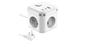 Viking síťový adaptér YC33, 3x 230 V, 1x USB-A, 2x USB-C, tlačítko ON/OFF, délka 1,4 m, bílá