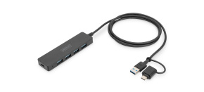 DIGITUS USB 3.0, Hub 4-Port, Slim Line with 120cm cable with USB-C adapterr