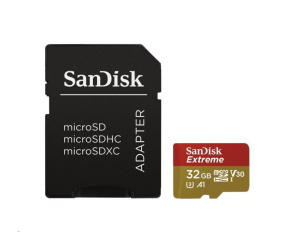 SanDisk MicroSDHC karta 32GB Extreme (100MB/s, Class 10 UHS-I V30, pro akční kamery) + adaptér