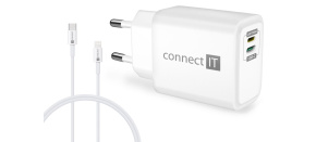 CONNECT IT Duplex nabíjecí adaptér 1xLightning, 1×USB-C, 20W, 1xLightning - USB-C kabel, bílá