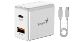 GENIUS nabíjecí set PD-20ACP, 20W, rychlé nabíjení, USB-C PD3.0, USB-A QC3.0, 1m kabel USB-C USB-C, bílá