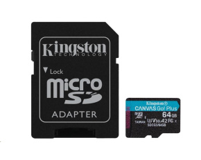 Kingston MicroSDXC karta 64GB Canvas Go! Plus, R:170/W:70MB/s, Class 10, UHS-I, U3, V30, A2 + Adaptér