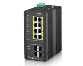 Zyxel RGS200-12P 12-port Gigabit WebManaged PoE switch, 8x GbE + 4x SFP, PoE budget 240W, DIN rail/Wall mount, IP30