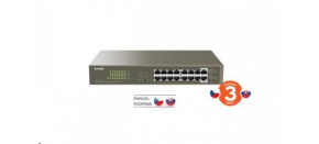 Tenda TEG1116P-16-150W - PoE AT Switch 135Watt, 16xRJ45 Switch s 16x 10/100/1000 Mbps PoE, Fanless, Kov